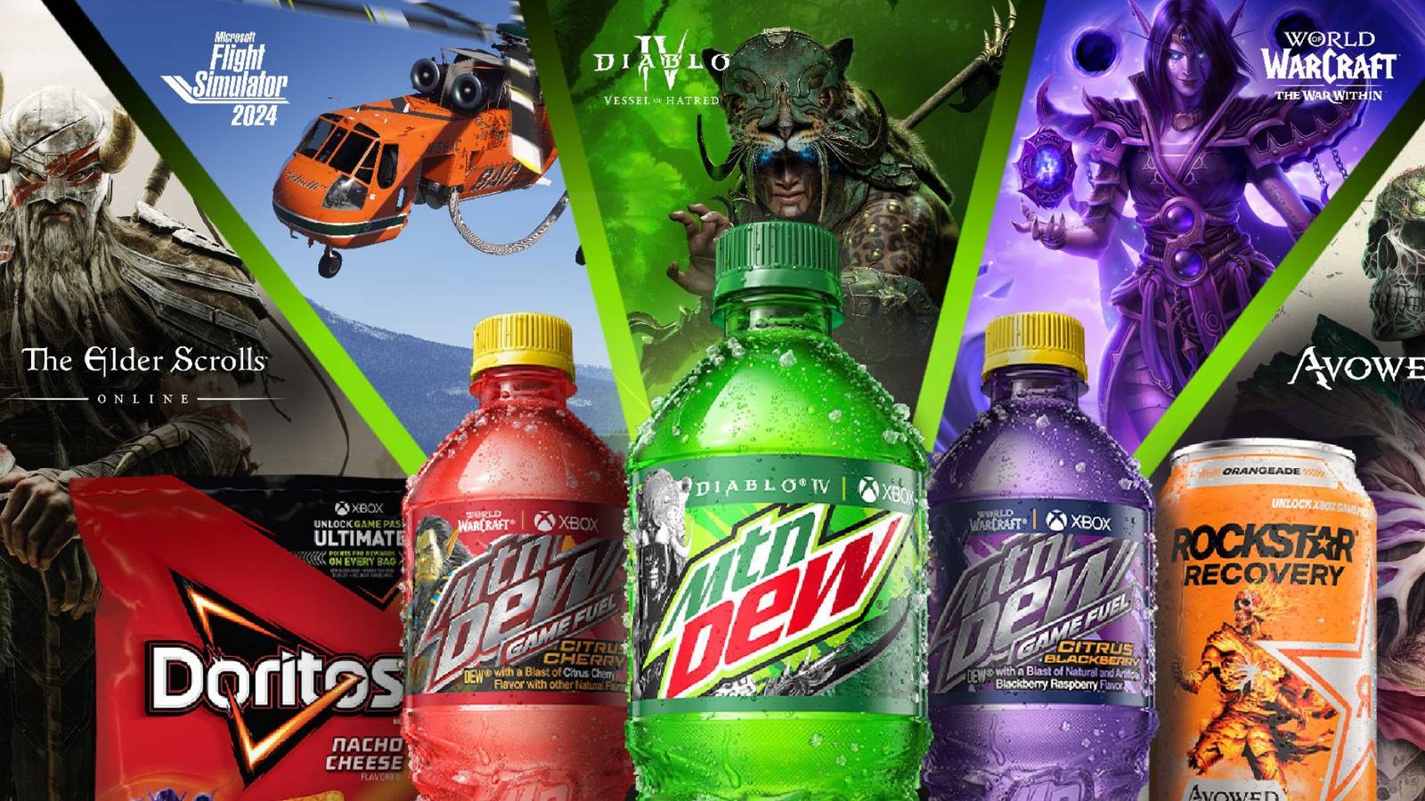 elder scrolls flight simulator d4 wow avowed mtn dew doritos rockstar promo