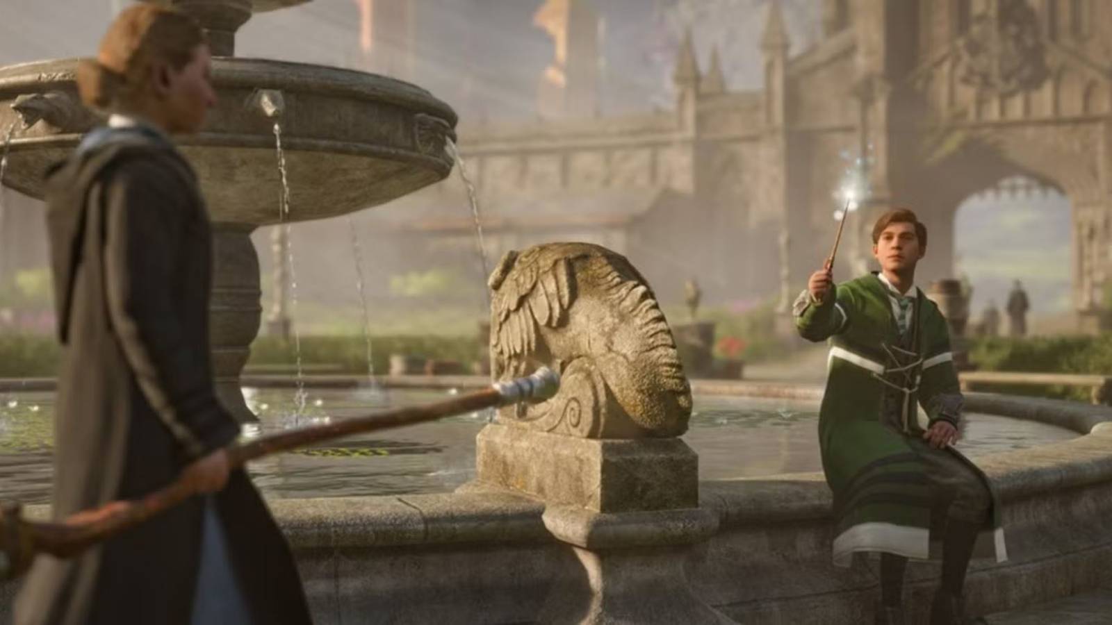 Two Hogwarts Legacy characters talking