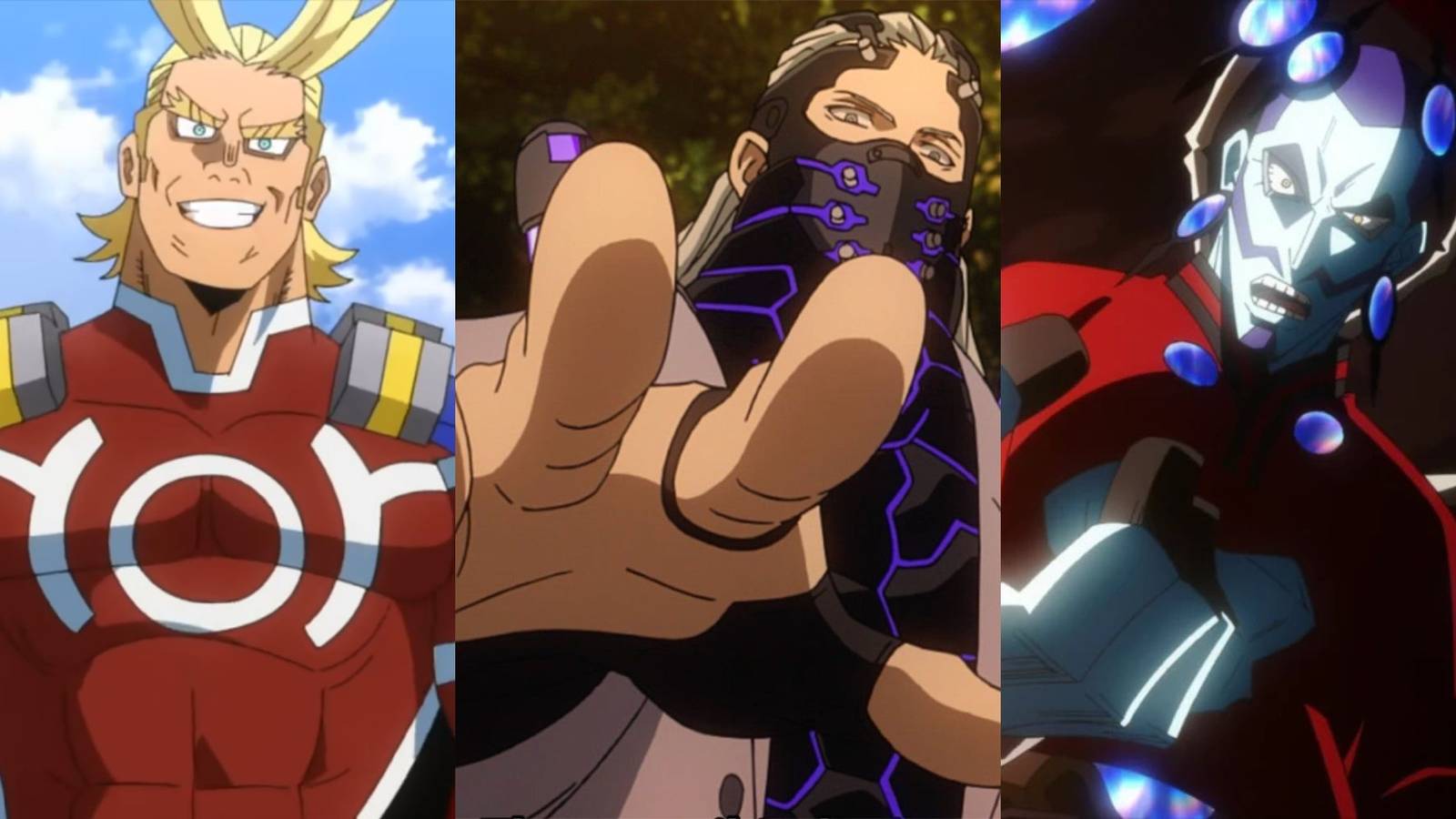 A collage of strong characters from My Hero Academia movies: Dark Might, Nine and Flect Turn.