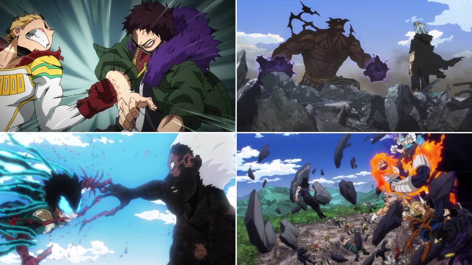 A collage of My Hero Academia fights that are better in the manga: Mirio vs. Overhaul, Shigaraki vs. Re-Destro, Deku vs. Shigaraki and Endeavor & Hawks vs. All For One.