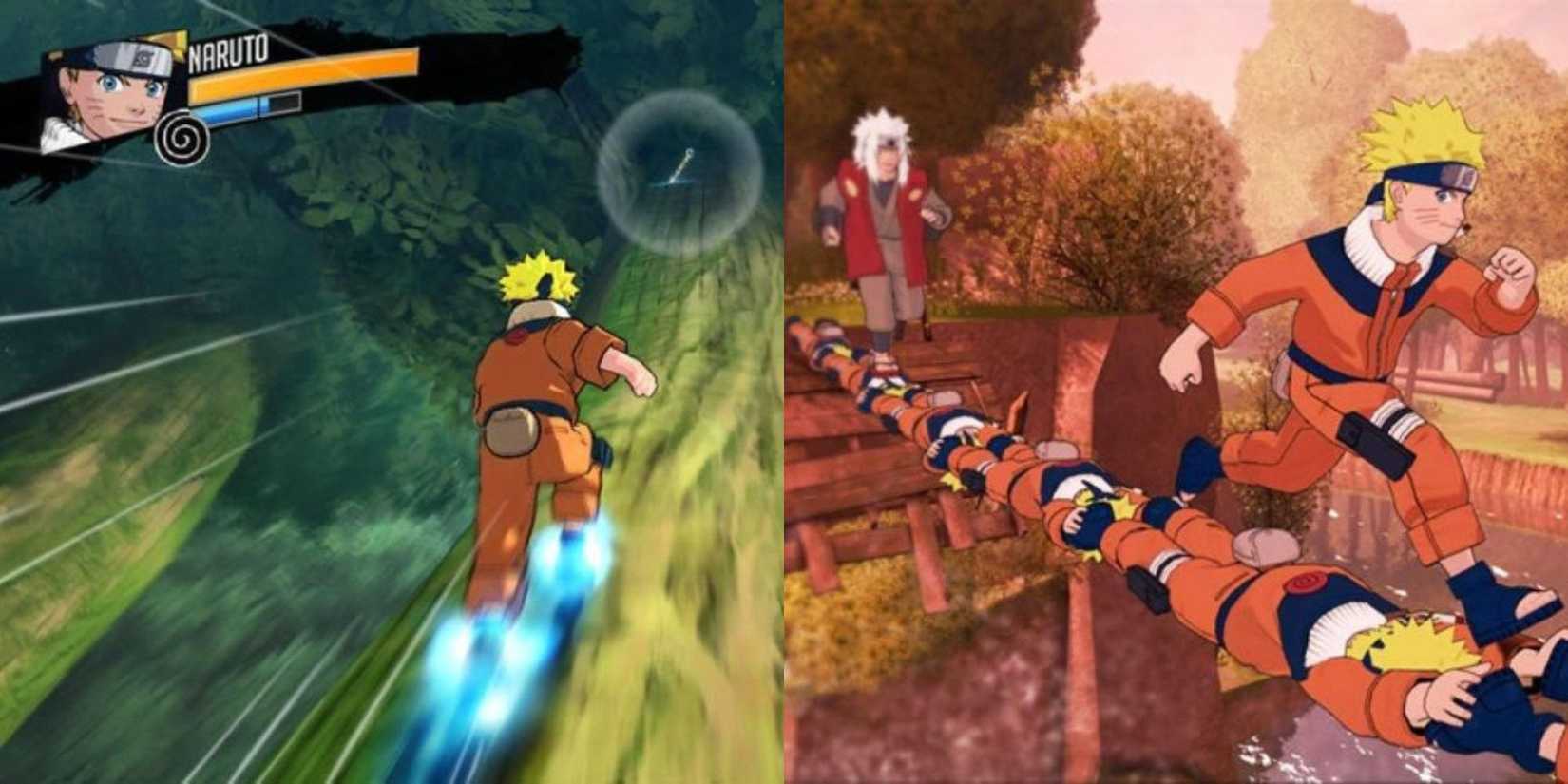 Naruto running up a tree in Rise of the Ninja and Naruto using his clones as a bridge in the Broken Bond.