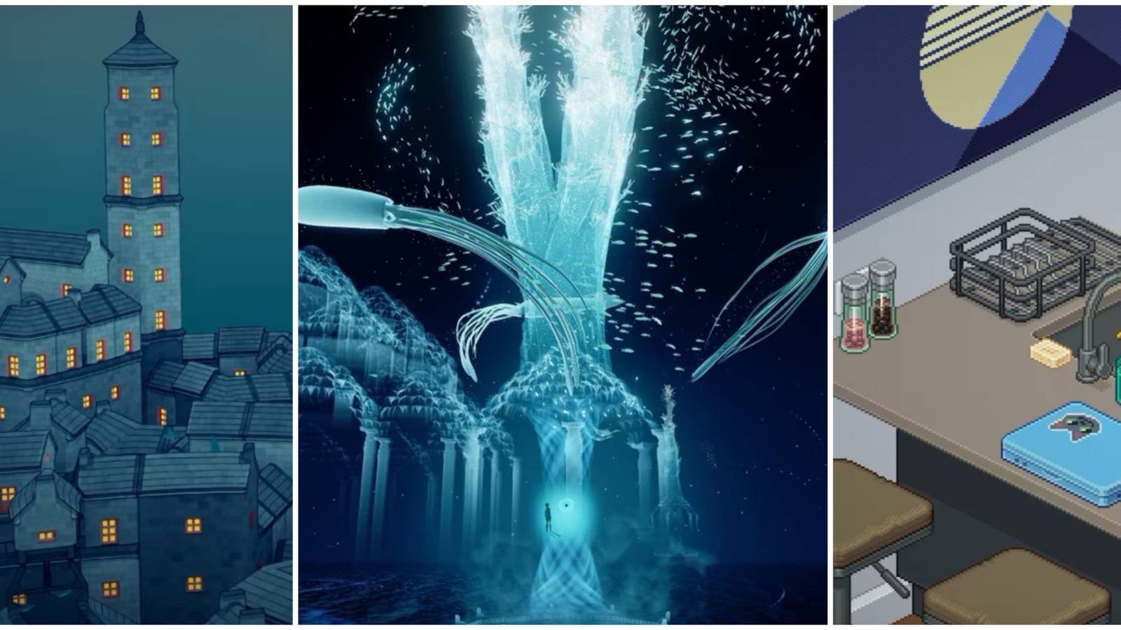 townscaper at night, abzu squids, and unpacking apartment pictures