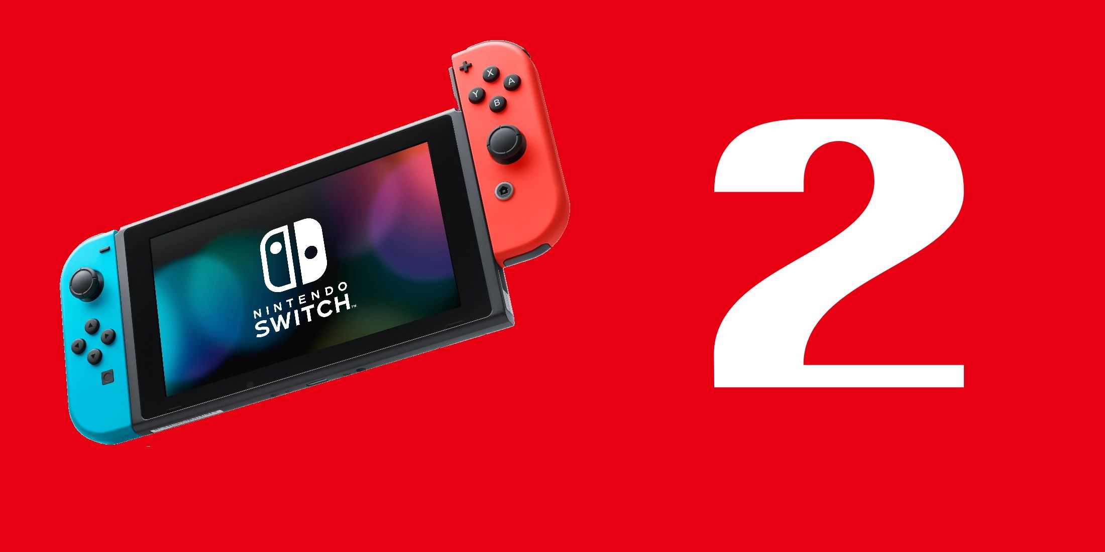 The Nintendo Switch and a number 2 set against a red background.