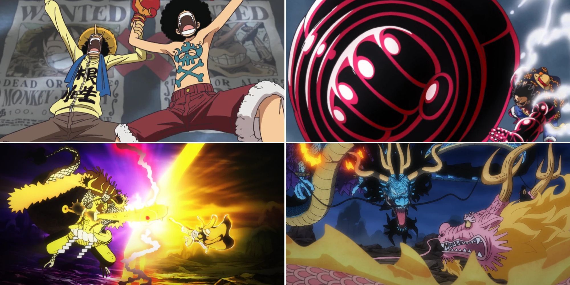 A collage of 4 One Piece fights that are better in manga form: Luffy vs. Foxy, Luffy vs. Doflamingo, Luffy vs. Kaido and Momonosuke vs. Kaido.