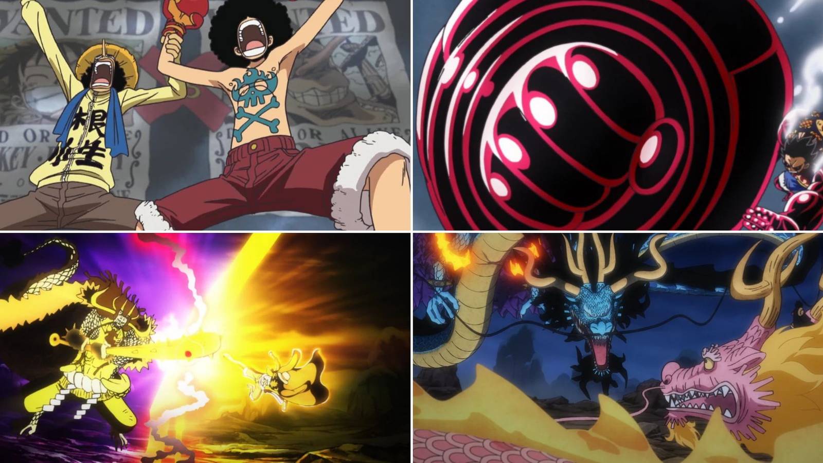 A collage of 4 One Piece fights that are better in manga form: Luffy vs. Foxy, Luffy vs. Doflamingo, Luffy vs. Kaido and Momonosuke vs. Kaido.