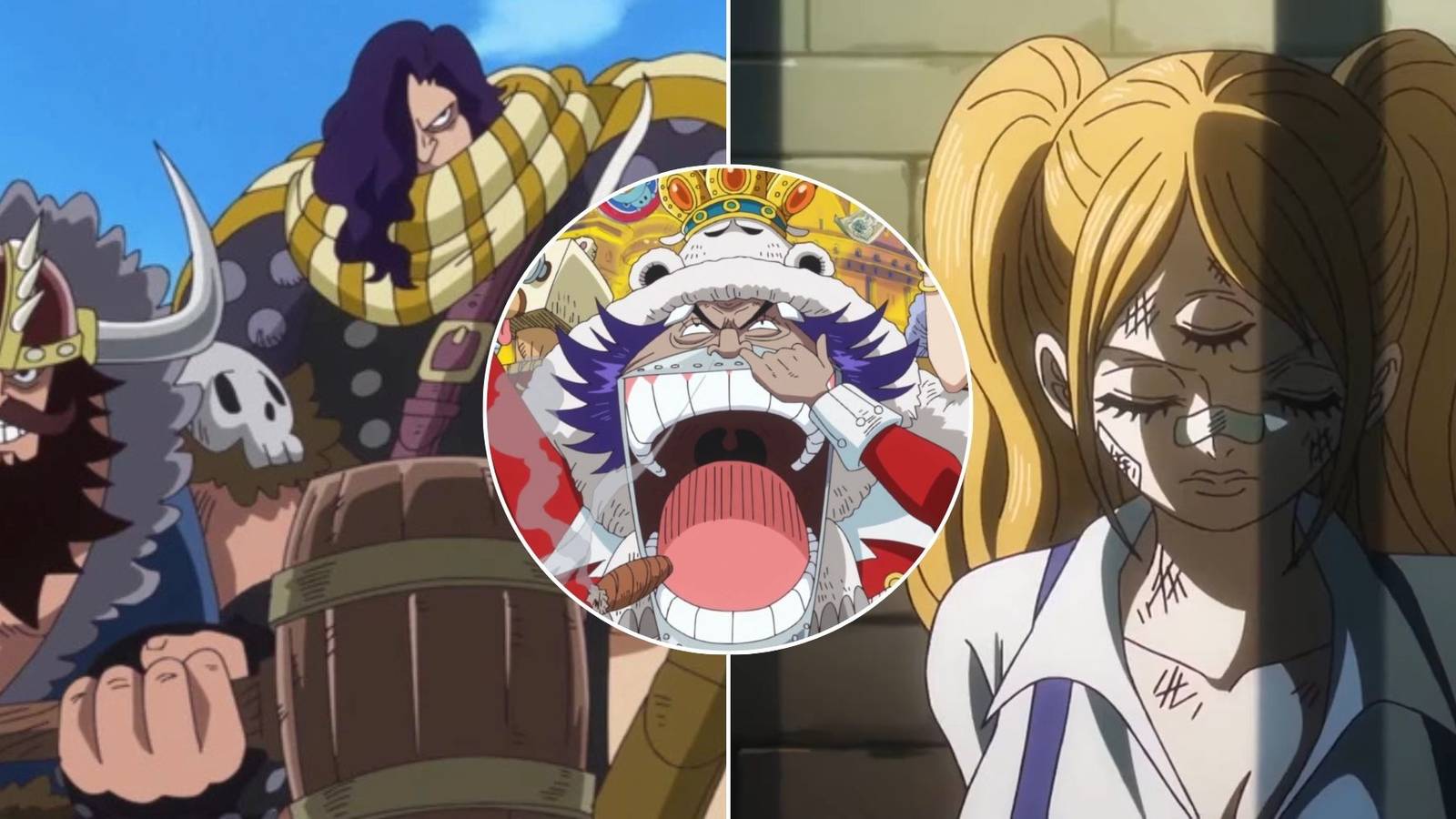 A collage of 3 events in One Piece that were affected by Cover Stories: The introduction of the New Giant Warrior Pirates, Wapol's resurgence and Charlotte Pudding's kidnapping.