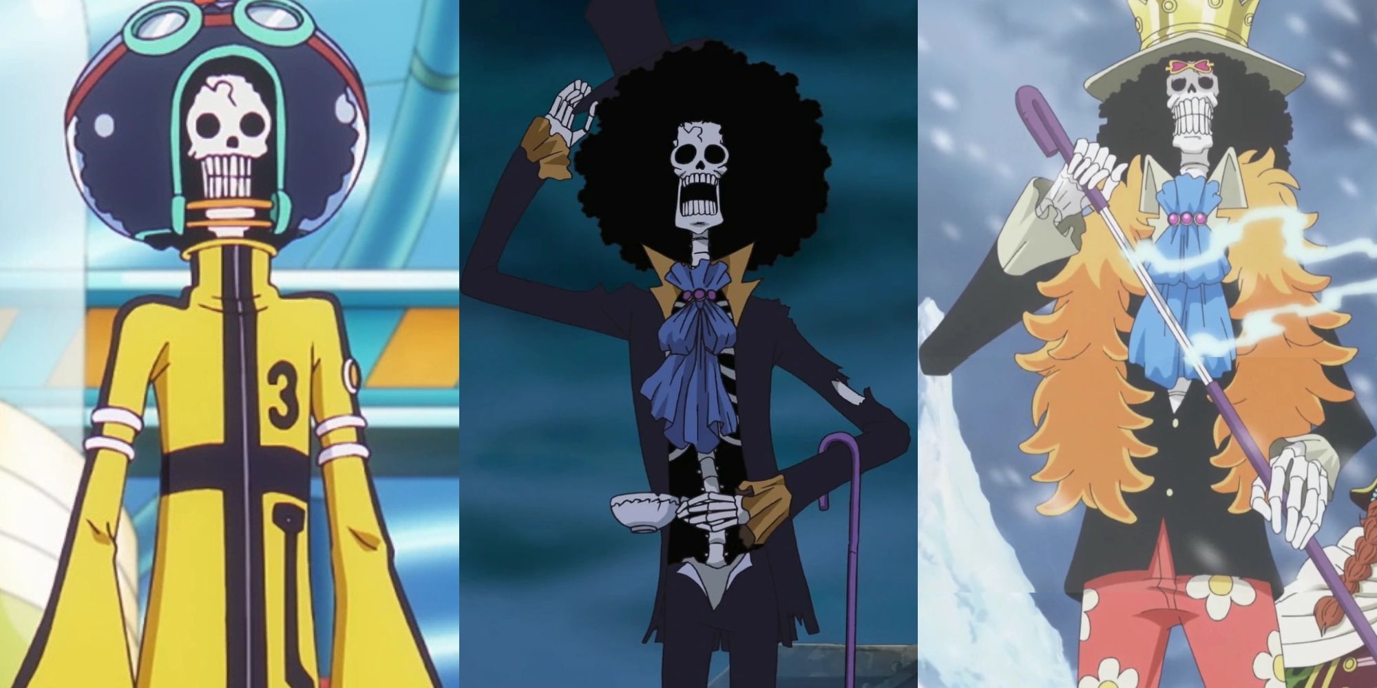 A collage of 3 of Brook's best outfits in One Piece: His Egghead Outfit, his Original Outfit and his Soul King Outfit.