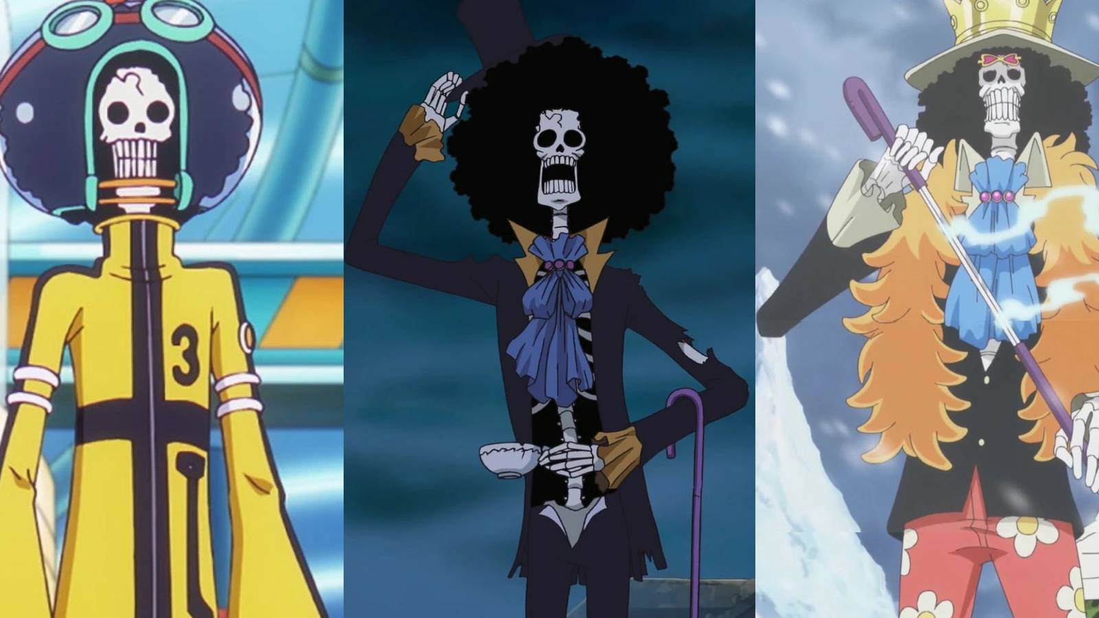 A collage of 3 of Brook's best outfits in One Piece: His Egghead Outfit, his Original Outfit and his Soul King Outfit.