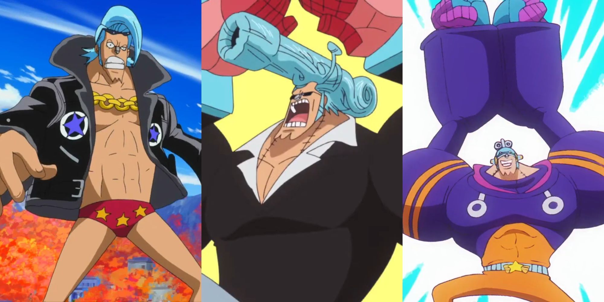 A collage of 3 of Franky's best outfits: His Strong World outfit, his Dressrosa Outfit and his Egghead Outfit.