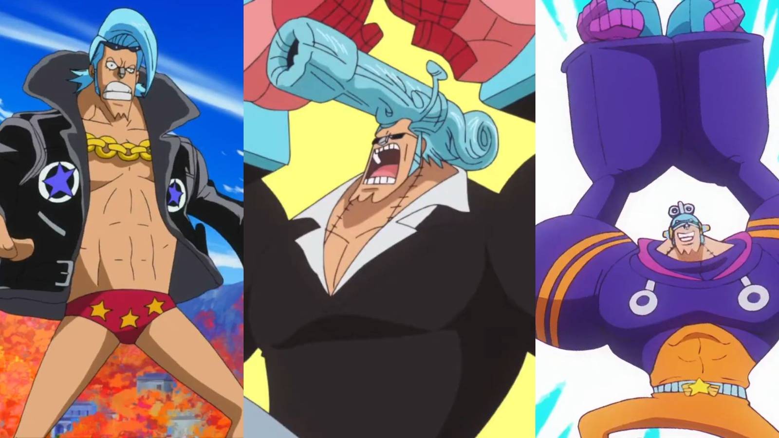 A collage of 3 of Franky's best outfits: His Strong World outfit, his Dressrosa Outfit and his Egghead Outfit.