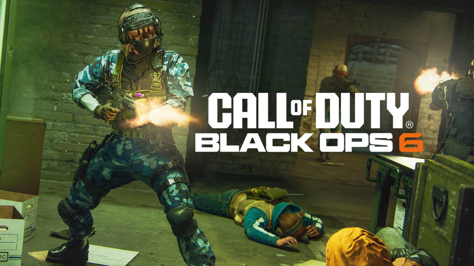 operator shooting at Call of Duty Black Ops 6 logo 2x1 composite