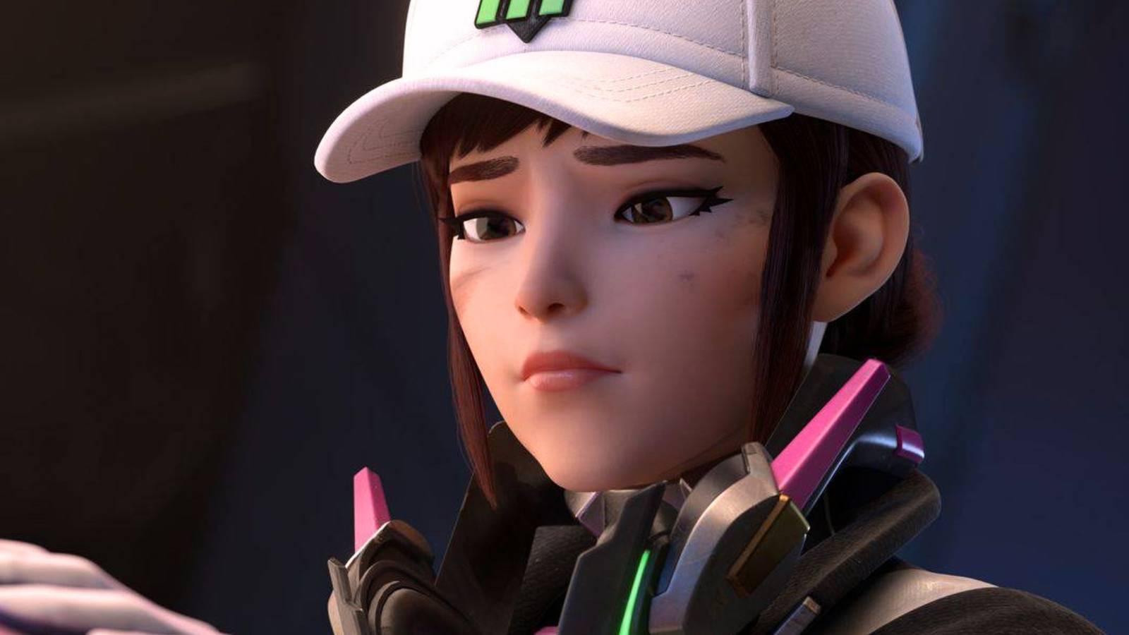 Overwatch 2 D.Va wearing a white cap and headset