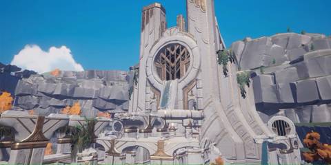 ancient white and gold structure in mountain landscape