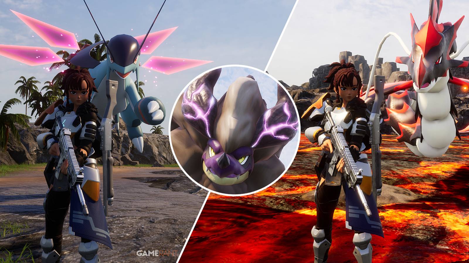 Split-image showcasing Jetragon, Blazamut Ryu, and Jormuntide Ignis in Palworld