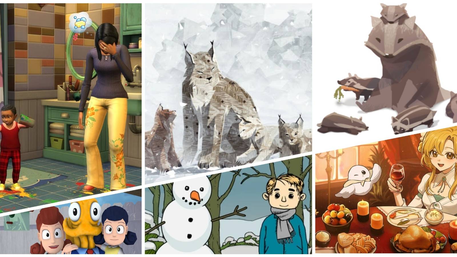 Parents and children in Shelter, My Child Lebensborn, The Sims 4, Octodad: Dadliest Catch and Volcano Princess