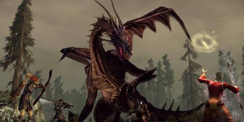 Party fighting a dragon in Dragon Age Origins