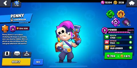 Penny standing on a blue background in the Brawl Stars menu