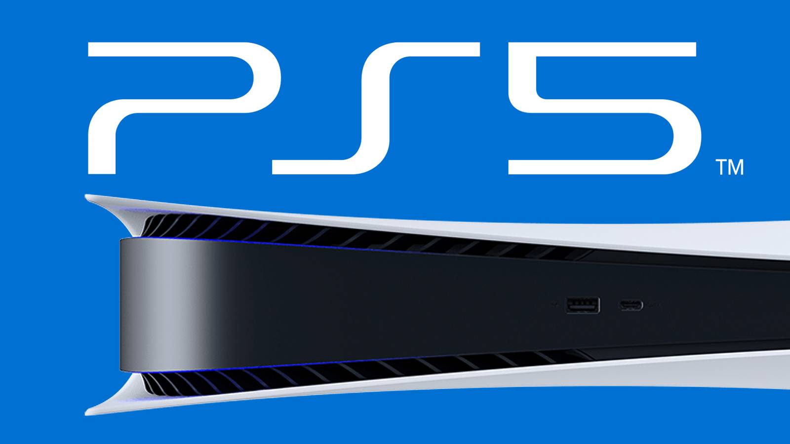 PlayStation 5 side view on light blue background below white PS5 logo