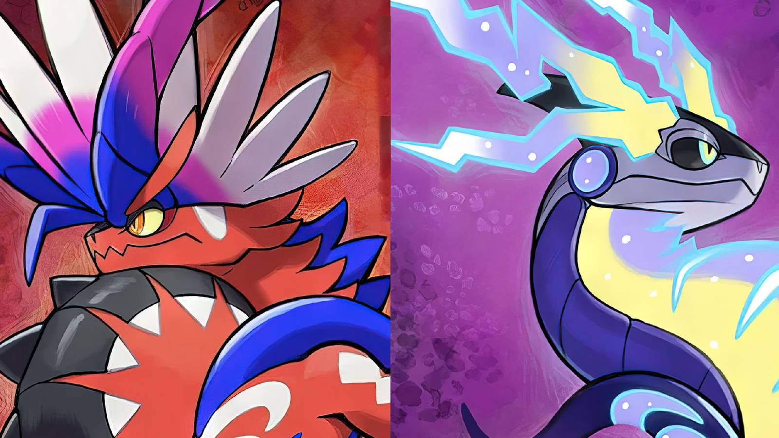 A key visual for Pokemon Scarlet and Violet showing Koraidon and Miraidon.