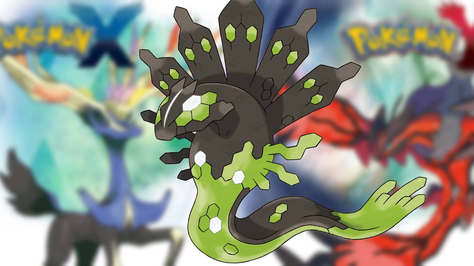 A blurred key visual for Pokemon X and Y overlayed with an image of Zygarde.