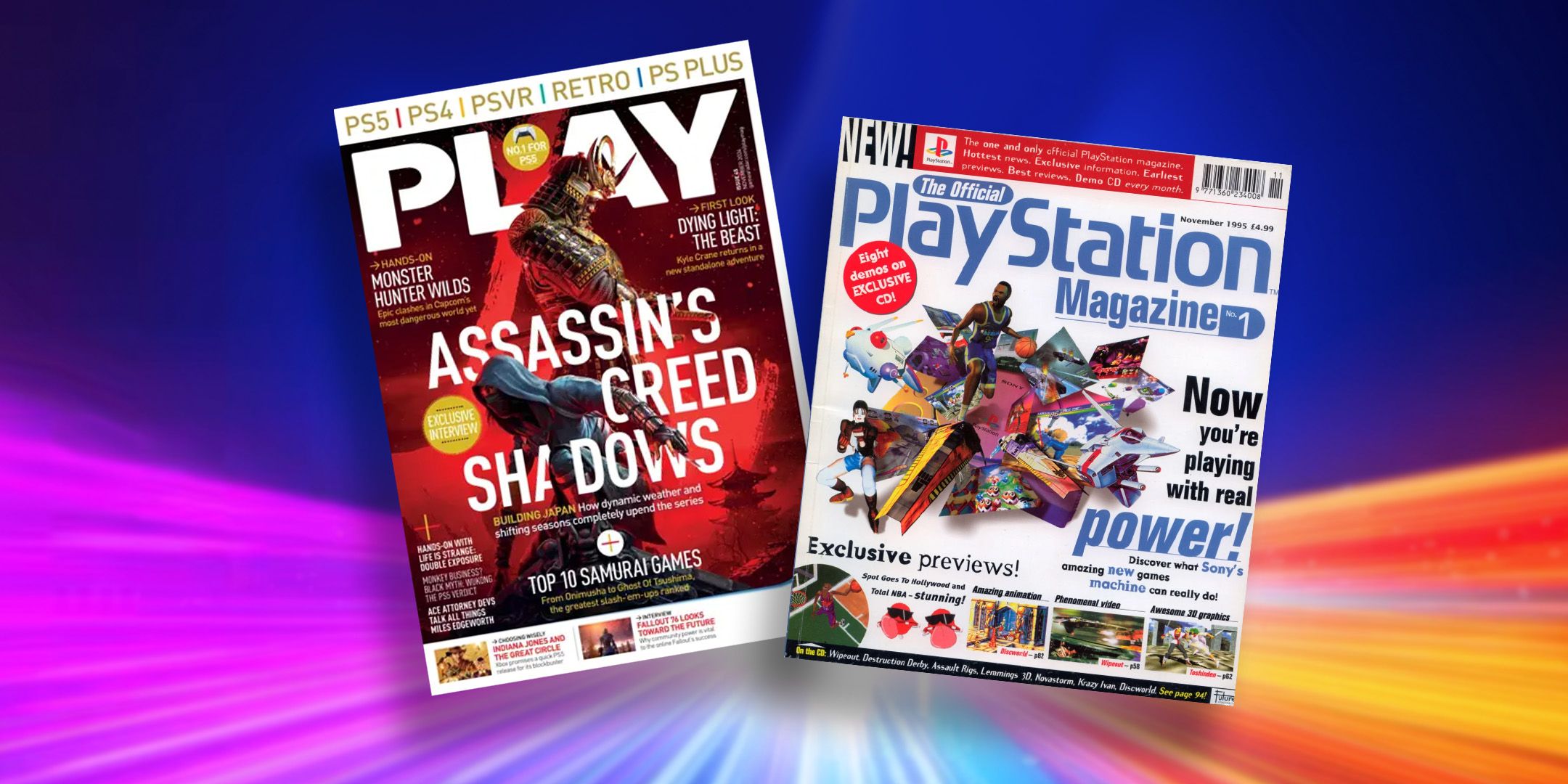 2 issues of Play Magazine in front of PS5 Pro Rainbow