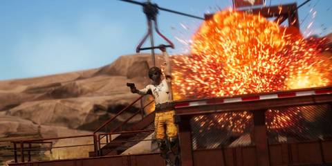 PUBG Character zip-lining with explosion in the background.