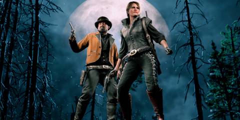 red dead online characters standing in front of the moon