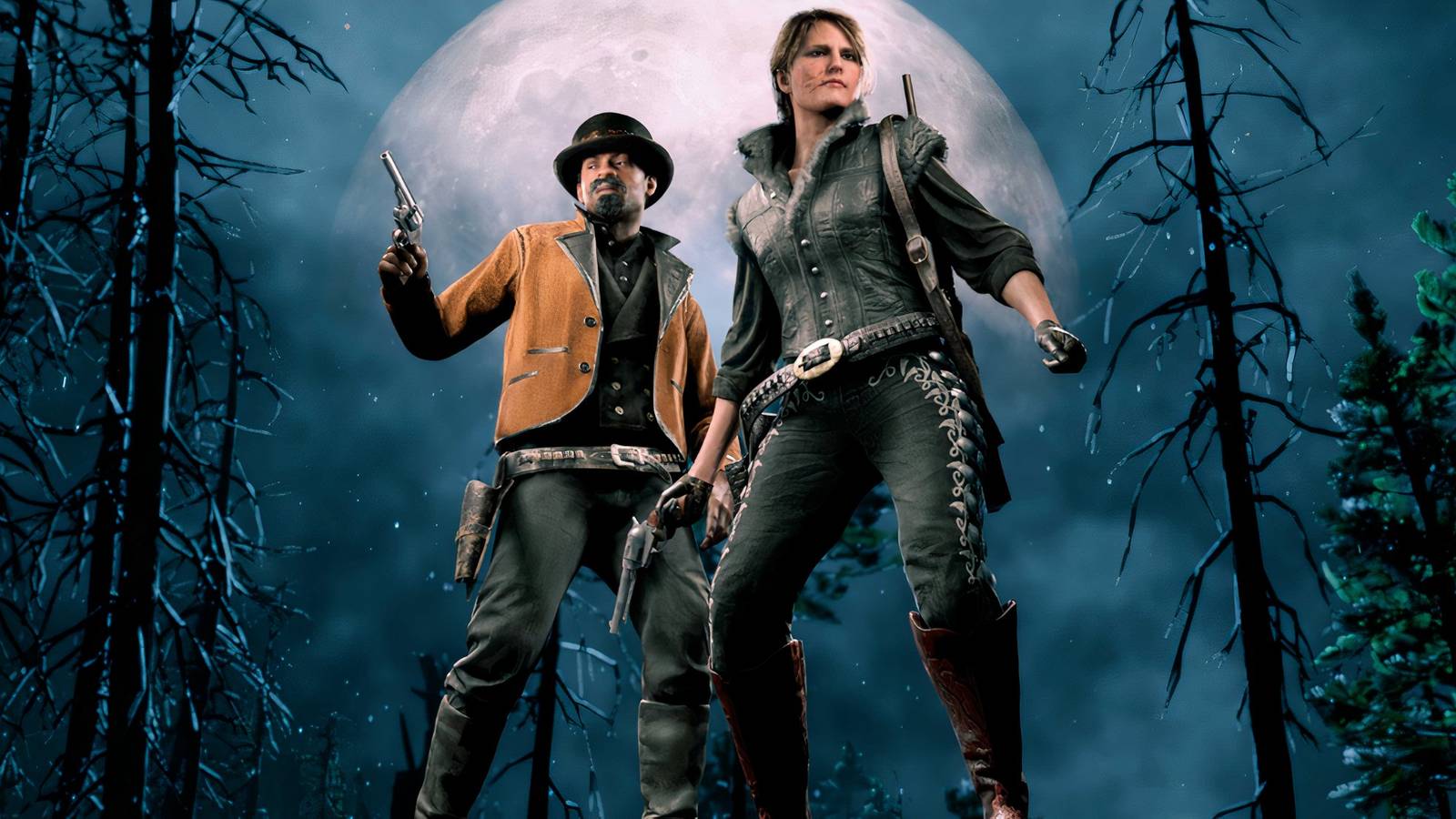 red dead online characters standing in front of the moon