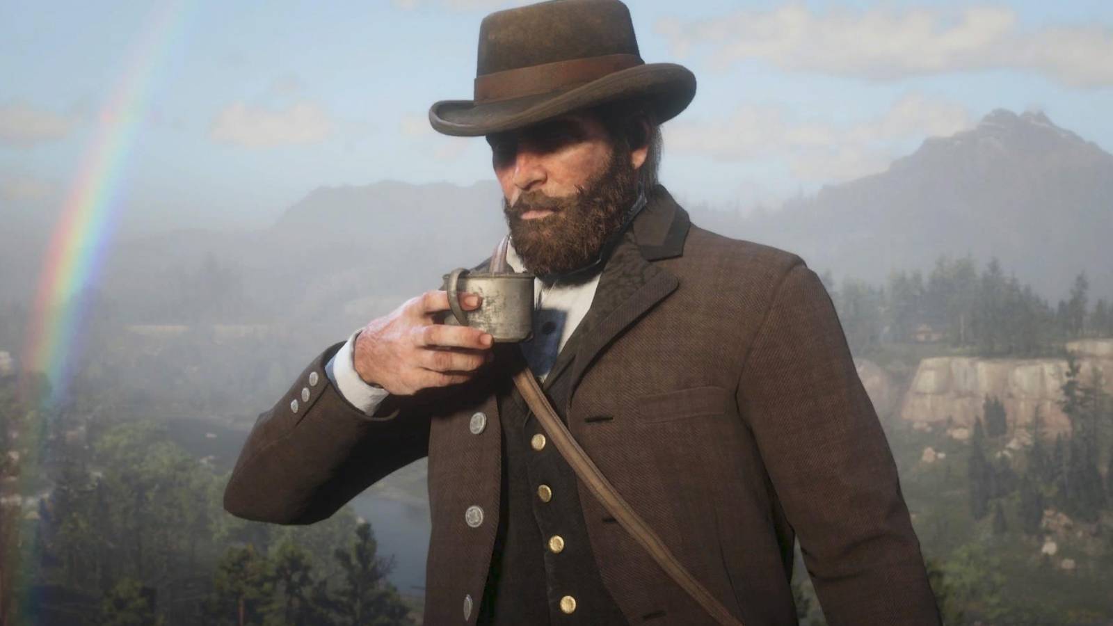 Arhur Morgan from Red Dead Redemption, drinking from his cup