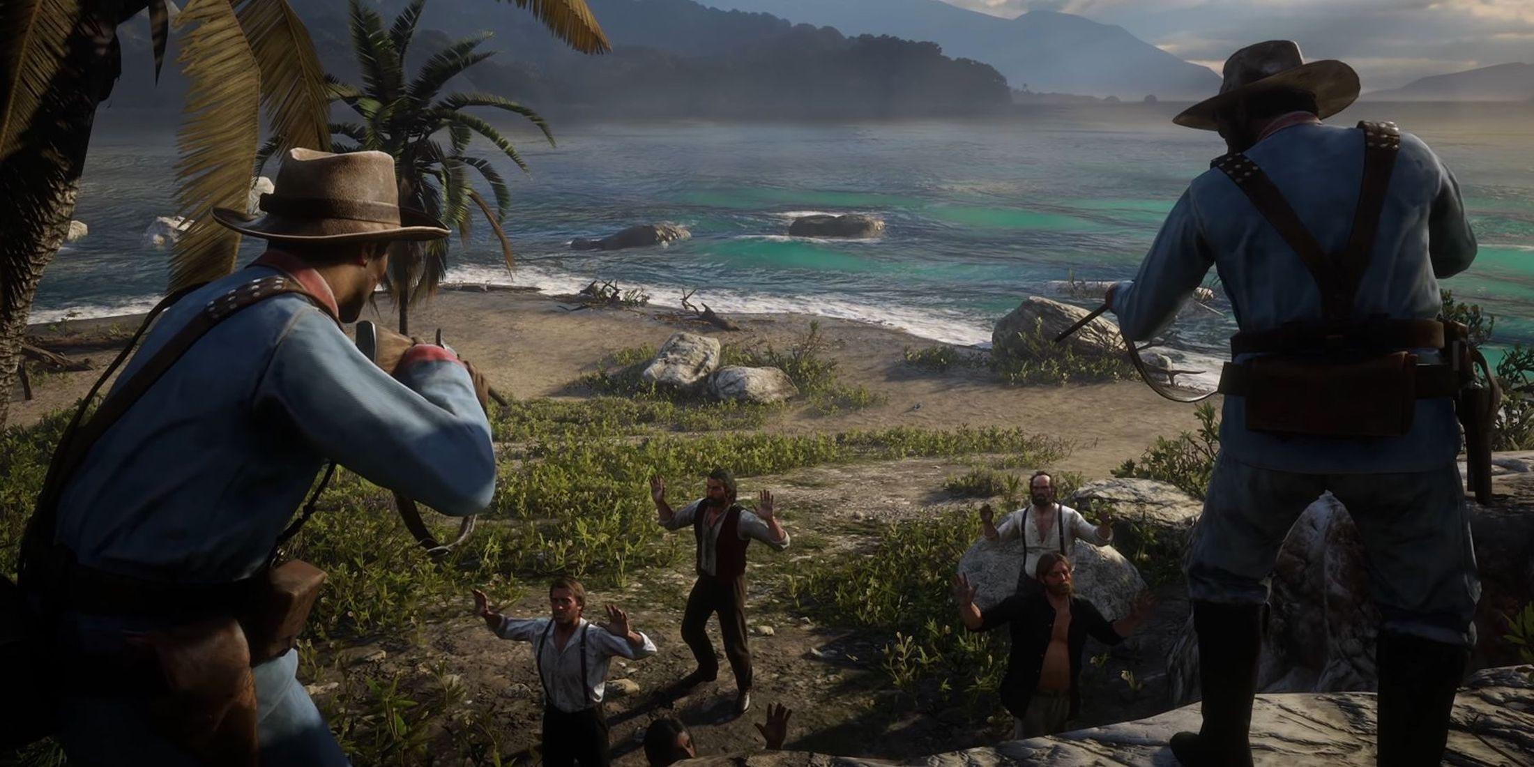 Red Dead Redemption 2 soldiers arrest three men on the beach.