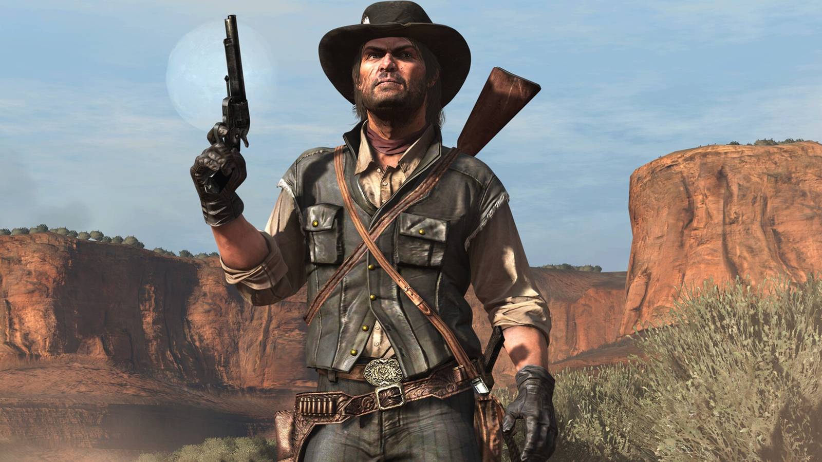 John Marston from Red Dead Redemption holding his weapon 