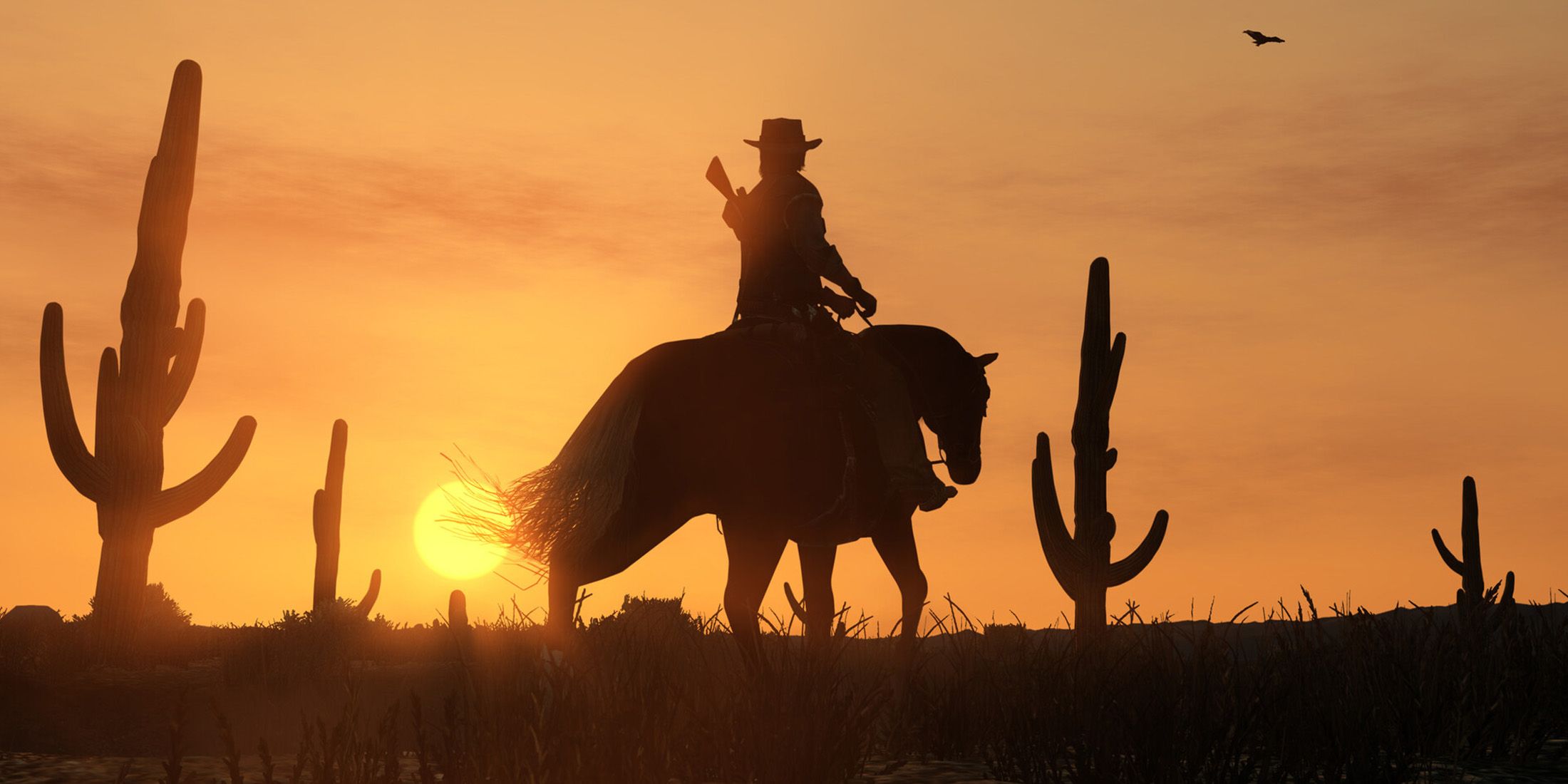 Red Dead Redemption John Marston riding horse into sunset promo screenshot