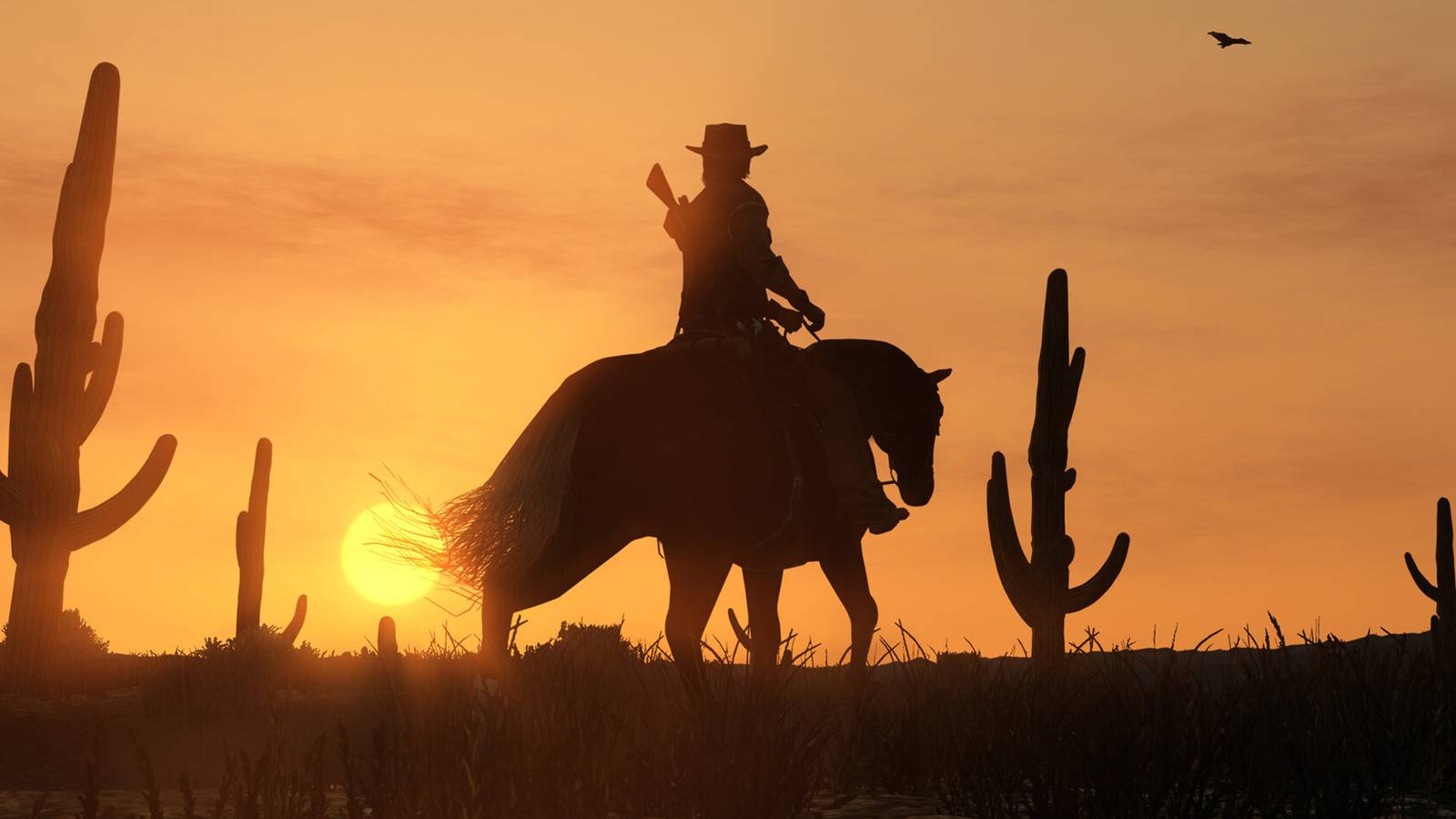 Red Dead Redemption John Marston riding horse into sunset promo screenshot