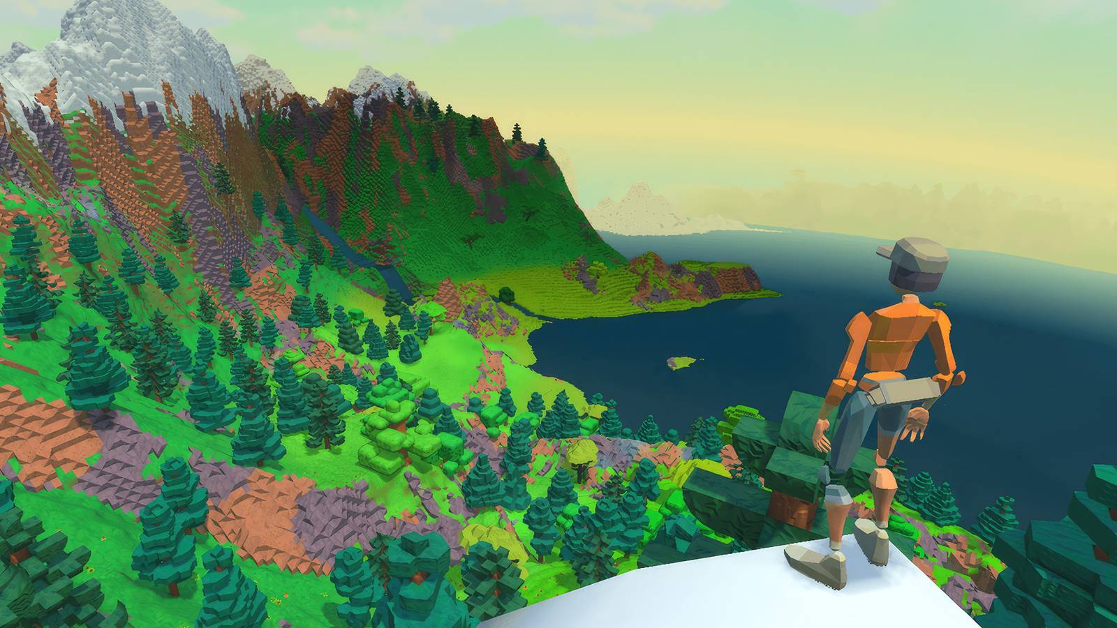 Reforj gameplay screenshot character standing on snowy peak overlooking lush forest