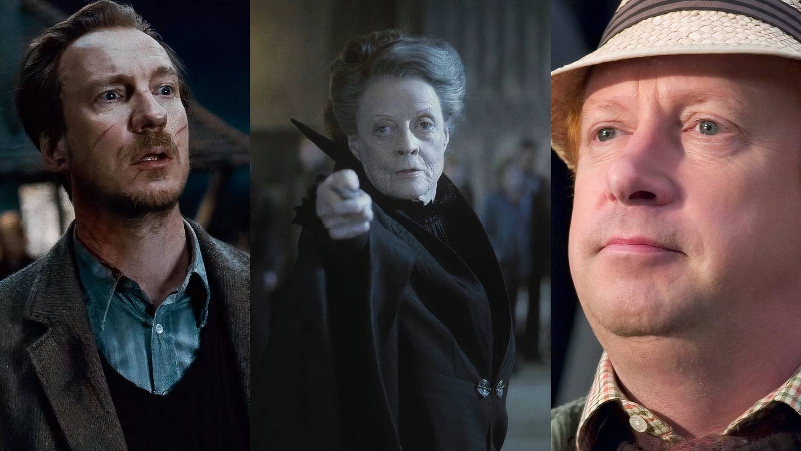 Remus Lupin at the Weasley residence, Maggie Smith as Minerva McGonagall pointing her wand, and Arthur Weasley in Harry Potter