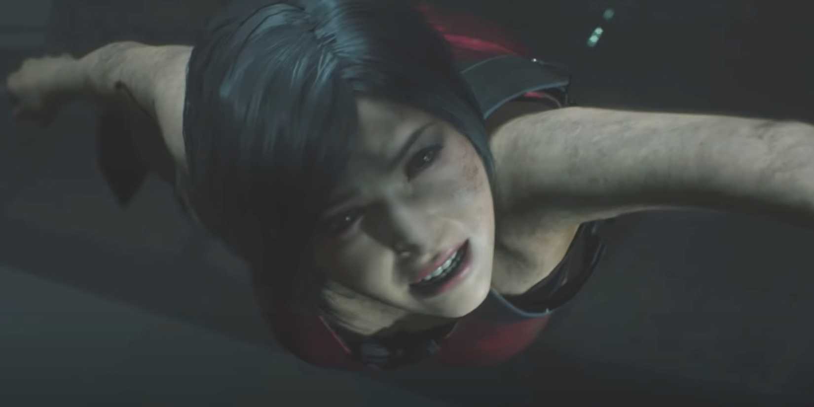 Ada Wong dangling over the edge of a big drop and holding Leon's hand in Resident Evil 2