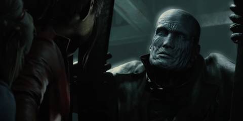 Mr. X corners Claire and Sherry in the elevator in Resident Evil 2