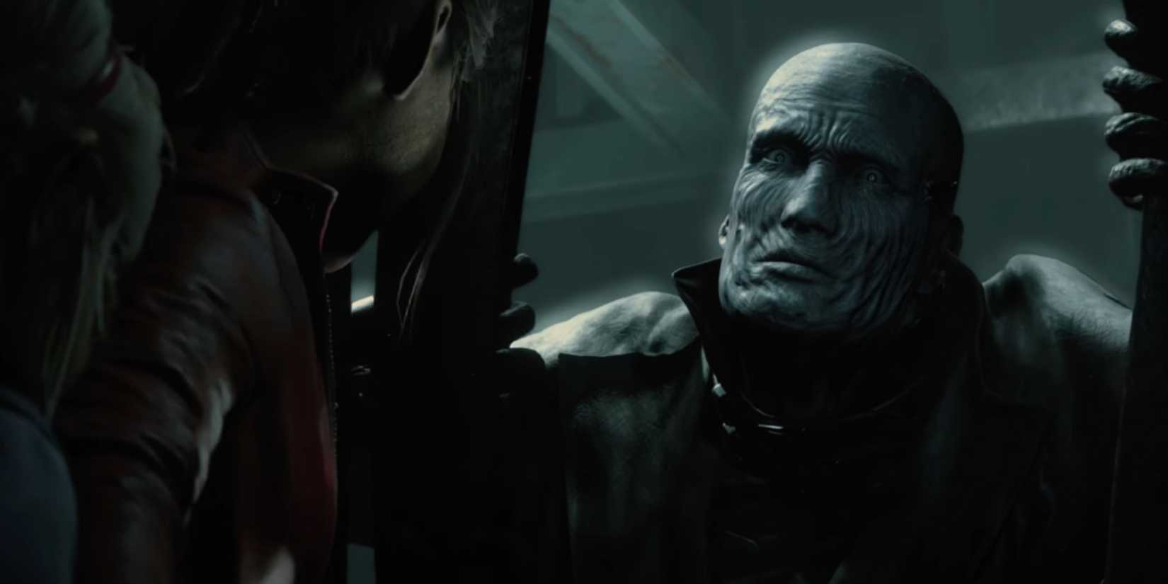 Mr. X corners Claire and Sherry in the elevator in Resident Evil 2