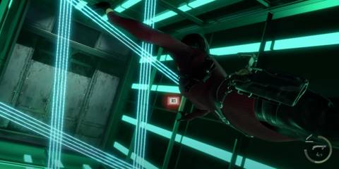 Ada Wong leaping toward a set of lasers