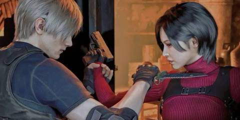 Leon holding a knife to Ada's neck and holding her arm by the wrist