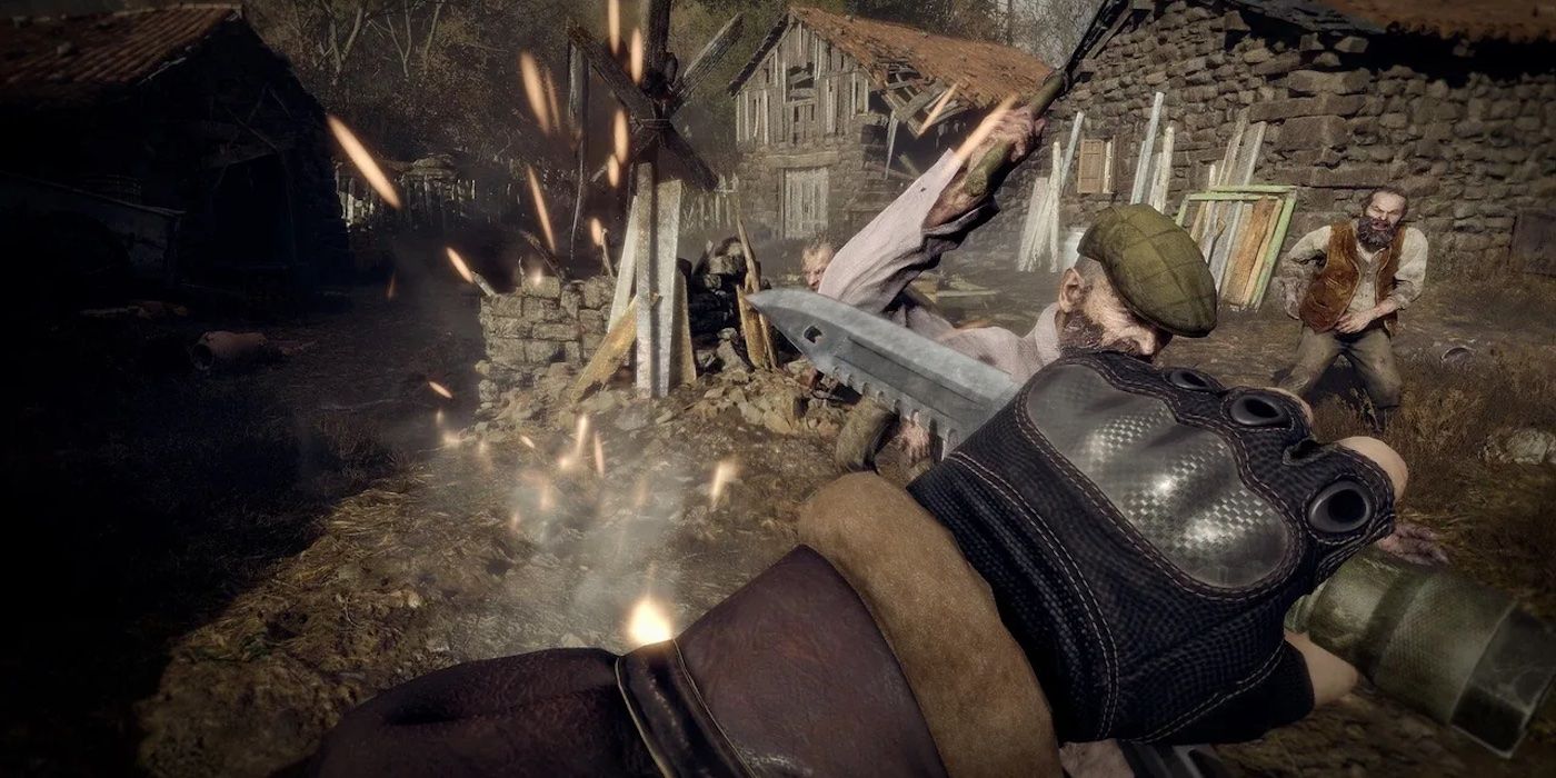 Leon holding a knife while enemies attack