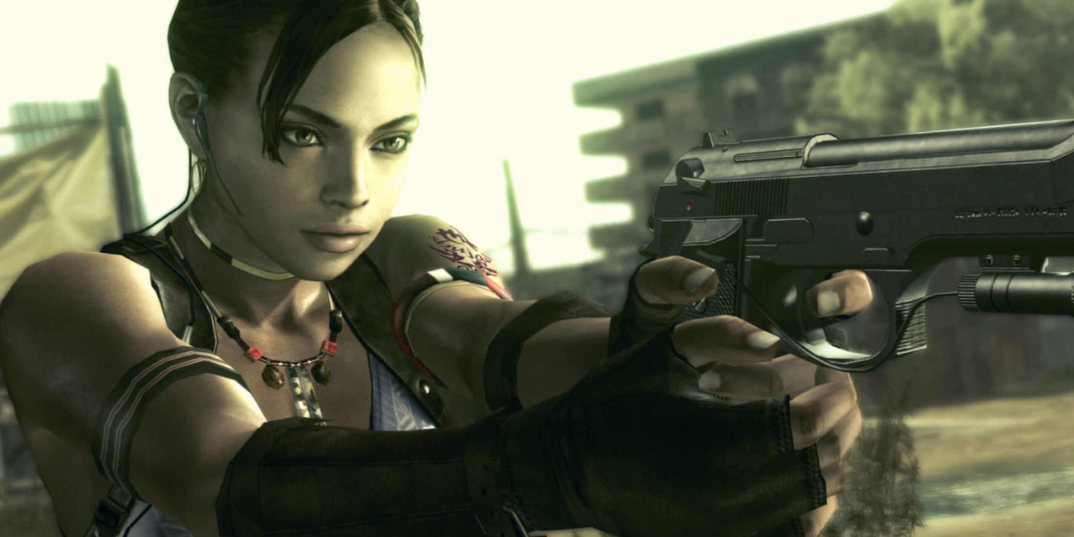 Sheva Alomar aiming her gun in Resident Evil 5