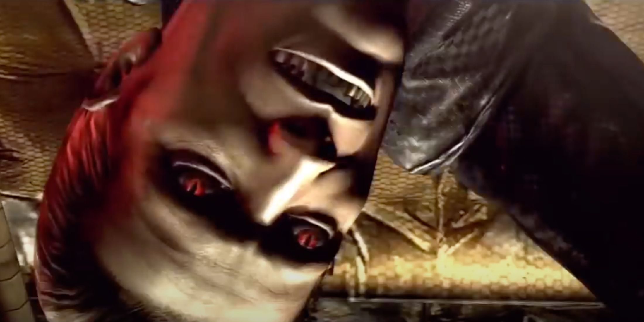 A close-up of Albert Wesker with glowing red eyes