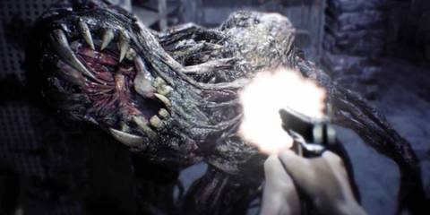 Ethan Winters shooting a mutant 