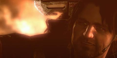 Parker Luciani dancing lover a drop with fire in the background in Resident Evil: Revelations