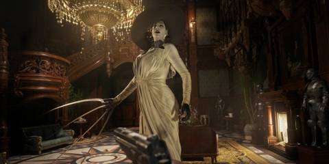 Lady Dimitrescu about to attack Ethan Winters in Castle Dimitrescu in Resident Evil Village