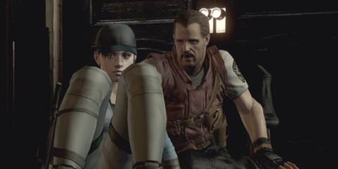 Jill narrowly avoiding getting crushed with Barry behind her