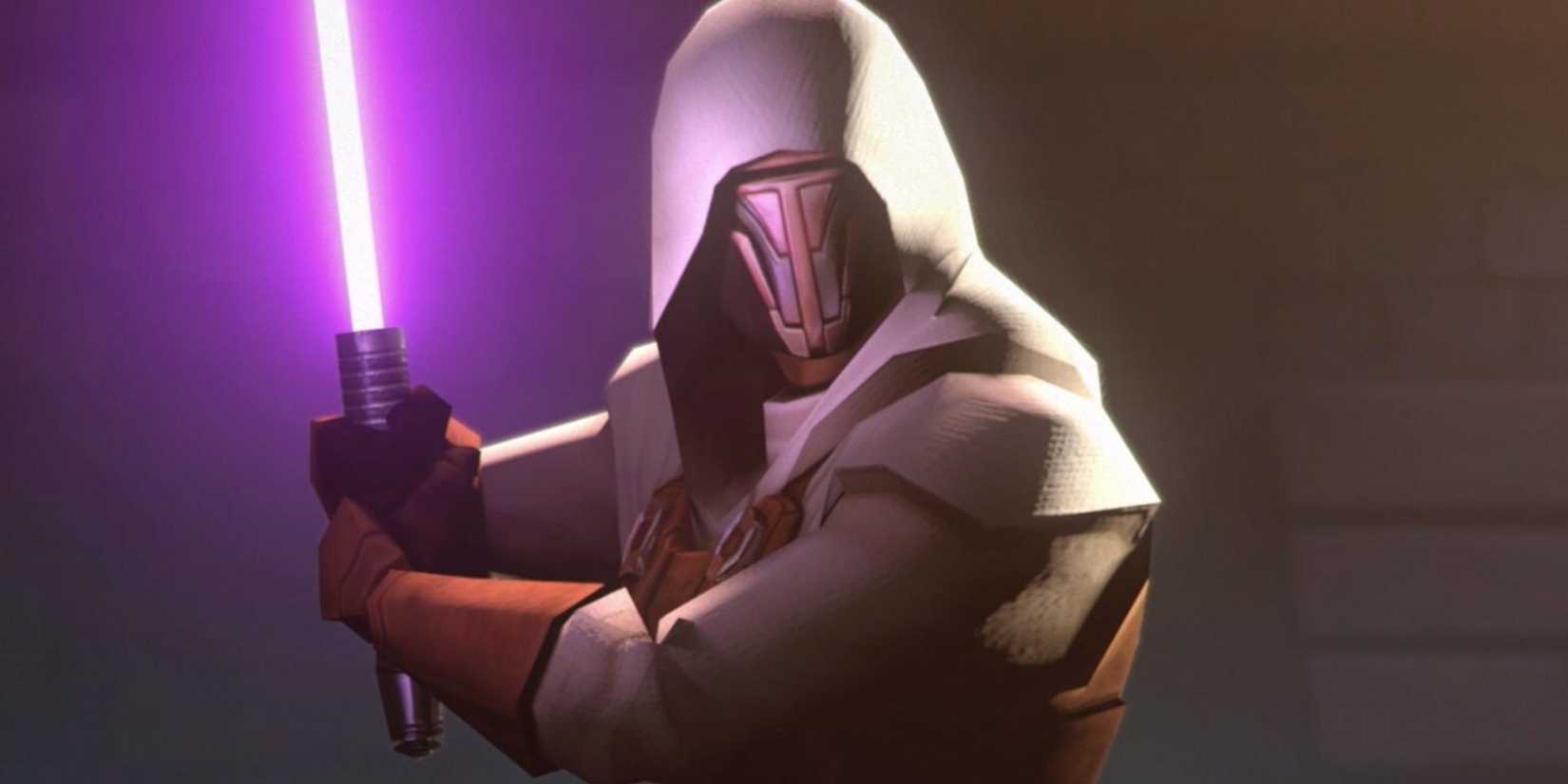 Revan Holding Purple Lightsaber in Star Wars Knights of the Old Republic