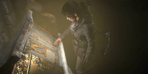 Lara Croft inspecting a manuscript 