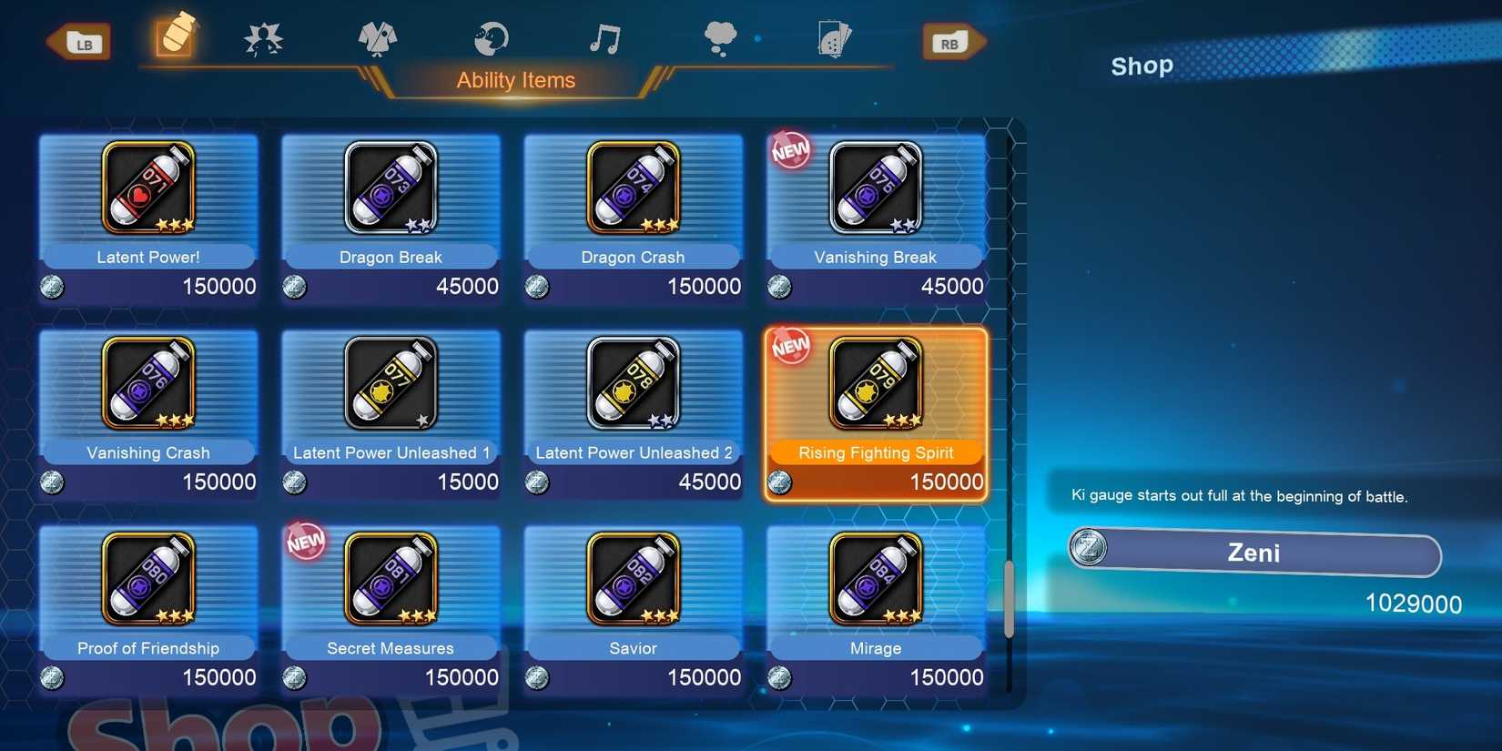 A screenshot of Dragon Ball Sparking Zero showing the Rising Fighting Spirit capsule